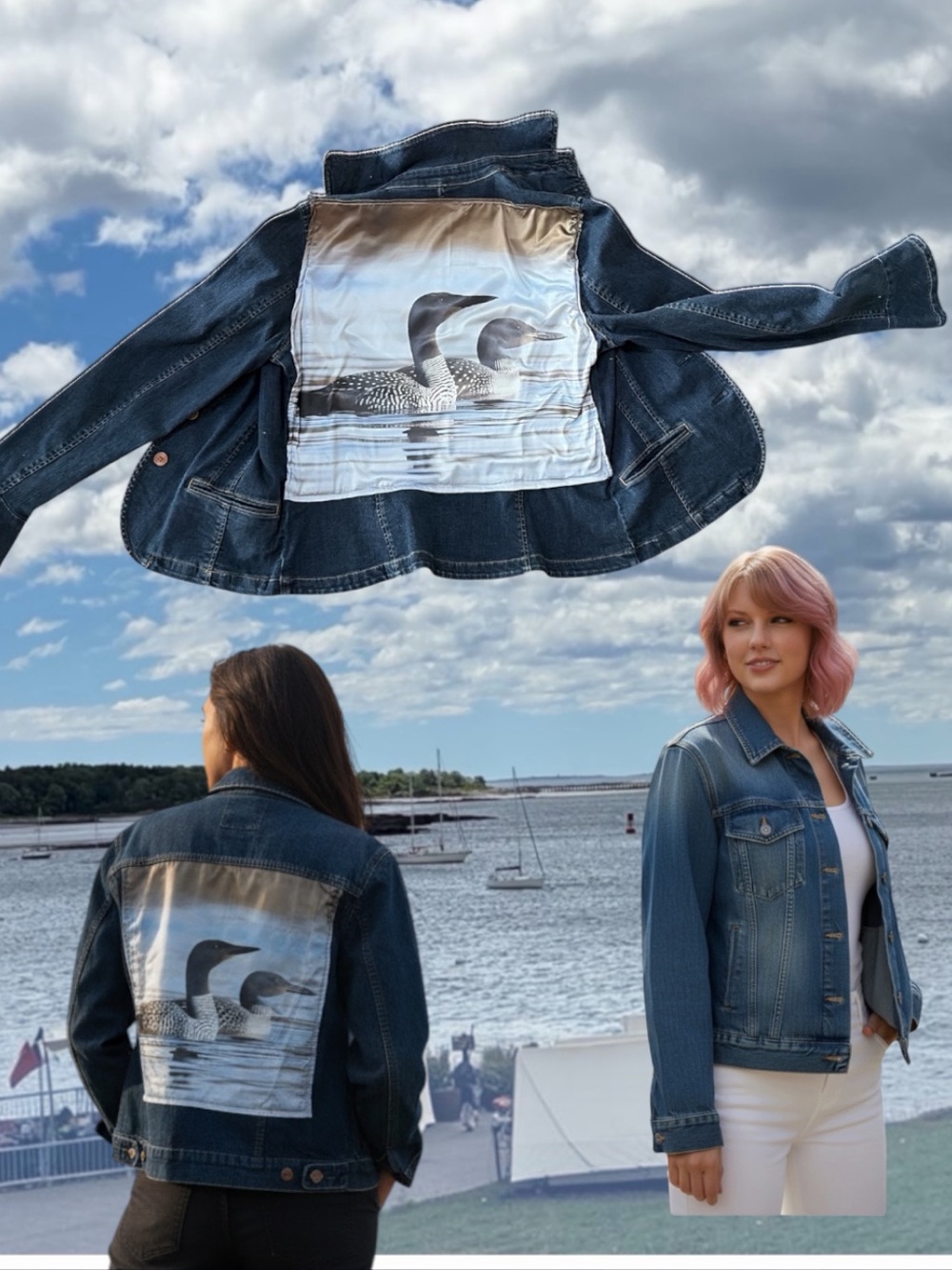 Blue Denim Trucker Jacket with Loon Photo-Print Back
